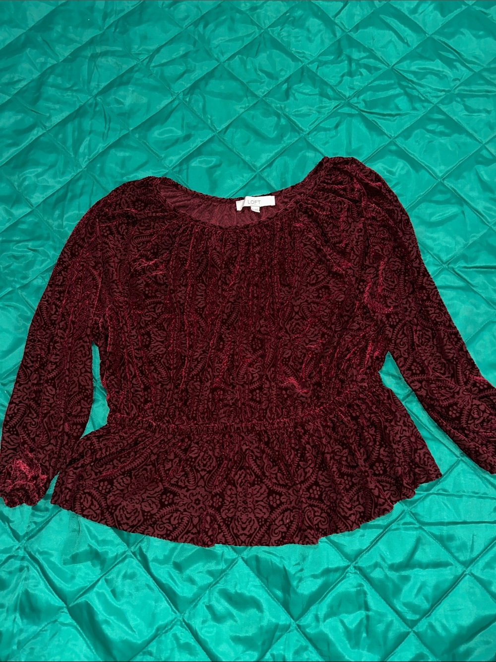 LOFT Burgundy Velvet Peplum Blouse